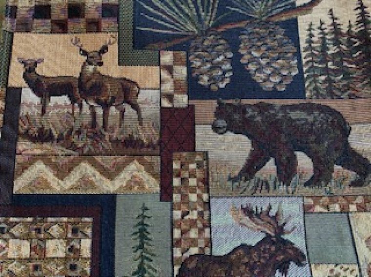 Best Hunting Cabin Fabric Ever with Bears, Deer, Moose, Evergreen trees ...