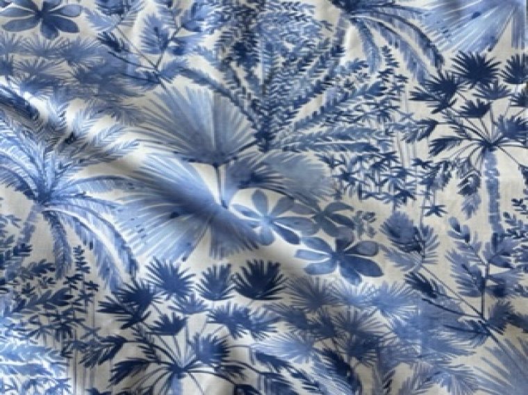 Forest of Leaves and trees in Blue + White fabric for upholstery ...